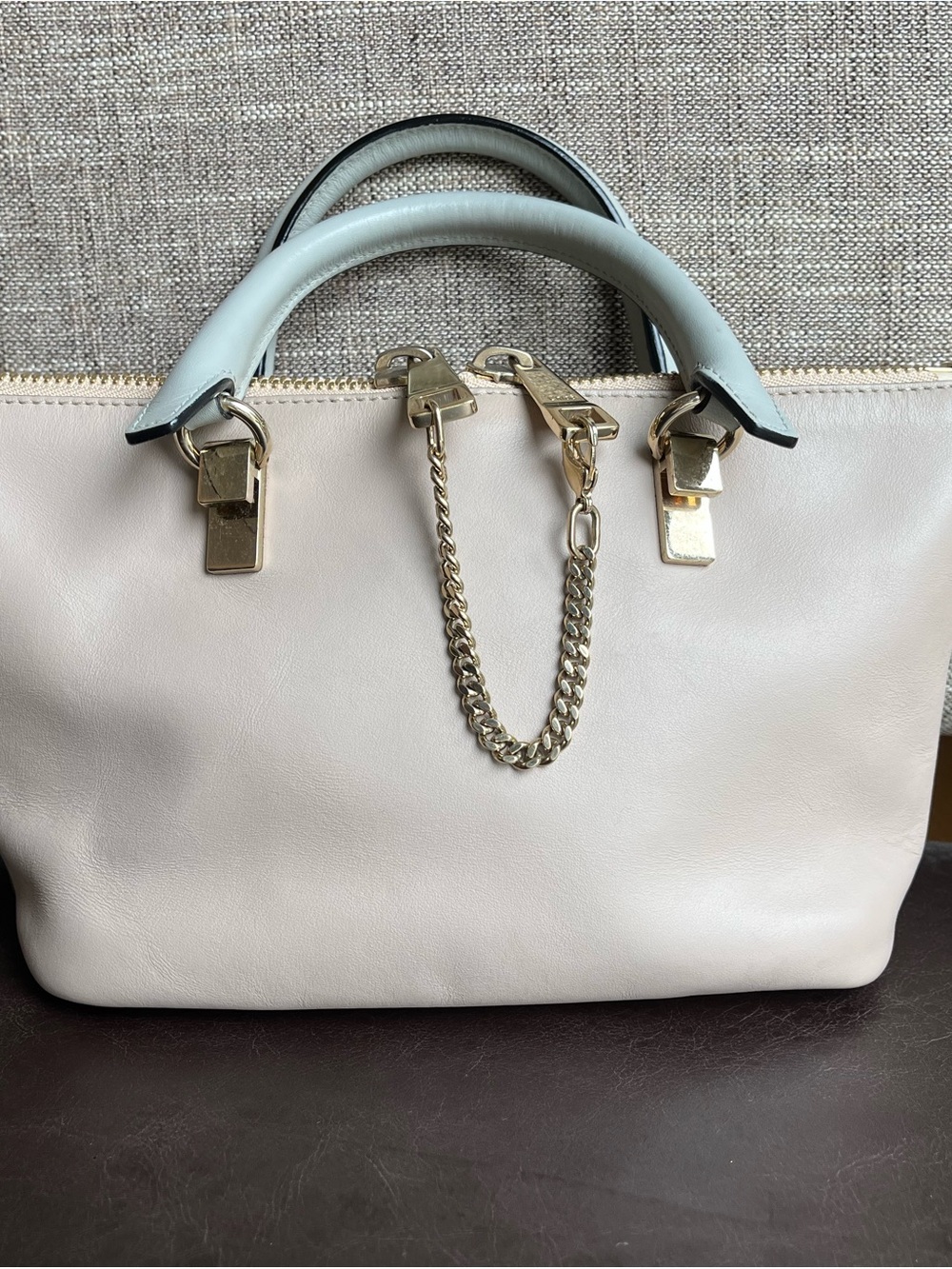 Chloe Leather Crossbody with Pale Blue Handles and Gold Chain